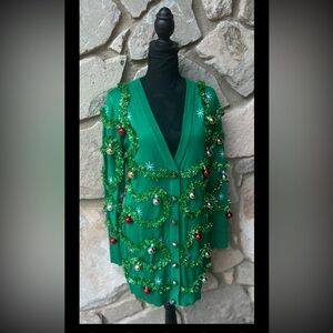 Tipsy Elves Ugly Christmas Sweater Dress S/M Green Tinsel Bells Ornaments EC